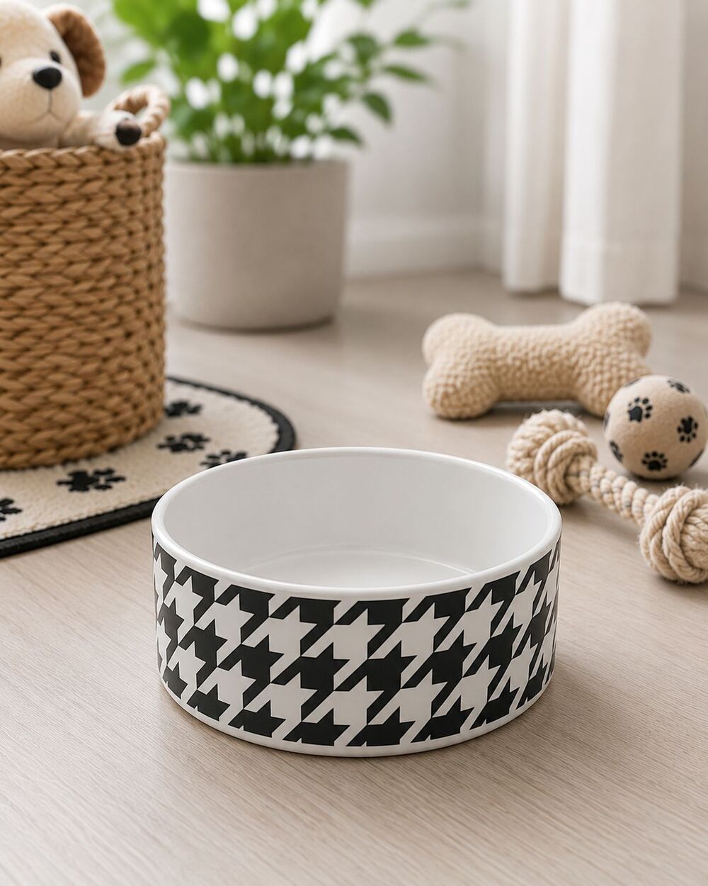 Paw & Tail Black White Houndstooth Ceramic Small Pet Food Water Bowl Dog Cat